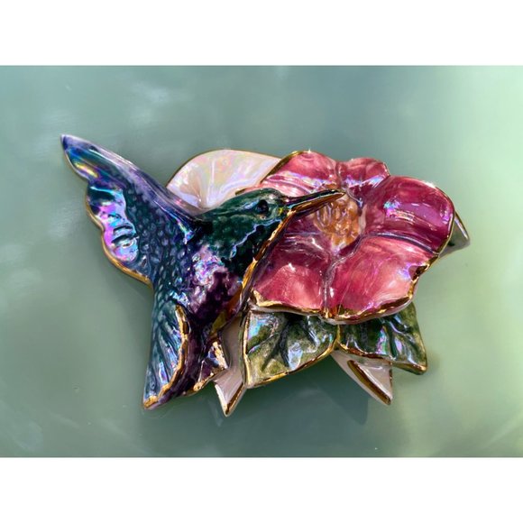 Vintage 1980s Ceramic Artist Made Humming BIrd Flower Brooch - Picture 3 of 10